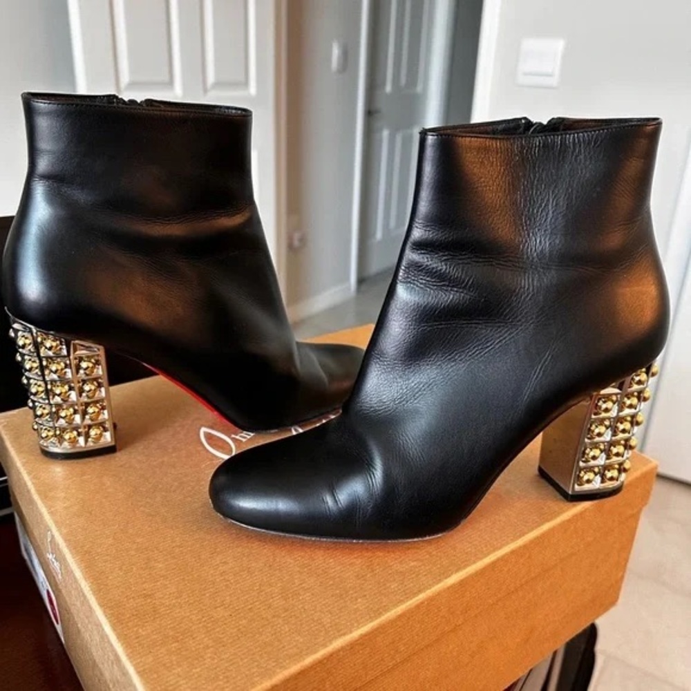 Christian Louboutin Black Boots with Gold Studded Heels - VASA STYLE